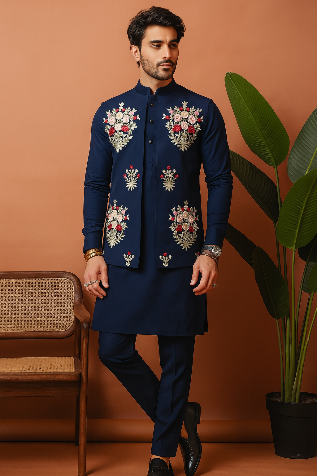 Make a grand entrance at your next celebration with our Sangeet Night Special waistcoat set. Crafted from high-quality Armani Japanese fabric, this elegant Navy Blue ensemble exudes sophistication and style. The set features intricate embellishments that add a touch of sparkle, making it the perfect choice for a Sangeet, Mehendi, or any formal event. This stylish and comfortable outfit promises to elevate your look, ensuring you stand out with timeless elegance.

Includes:
Kurta

Pants

Embellished Nehru Ja
