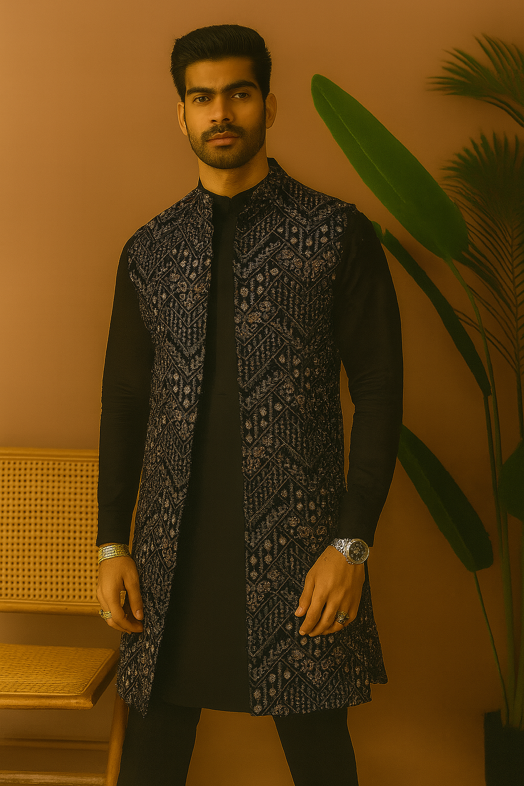 Men's Exclusive Black Velvet Sleeveless Jacket Set