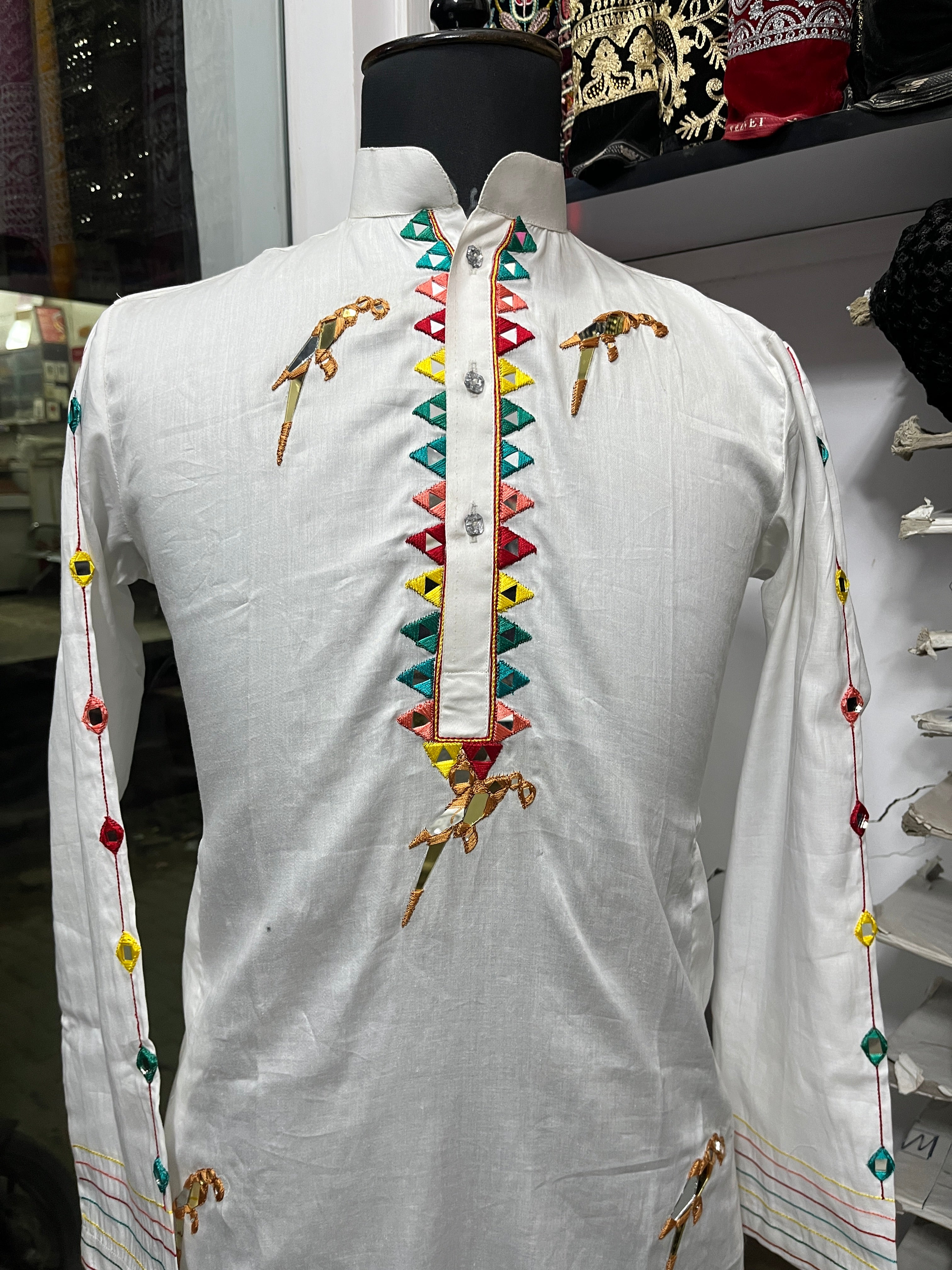 Men's White Handcrafted Popad Real Mirror Kurta Set