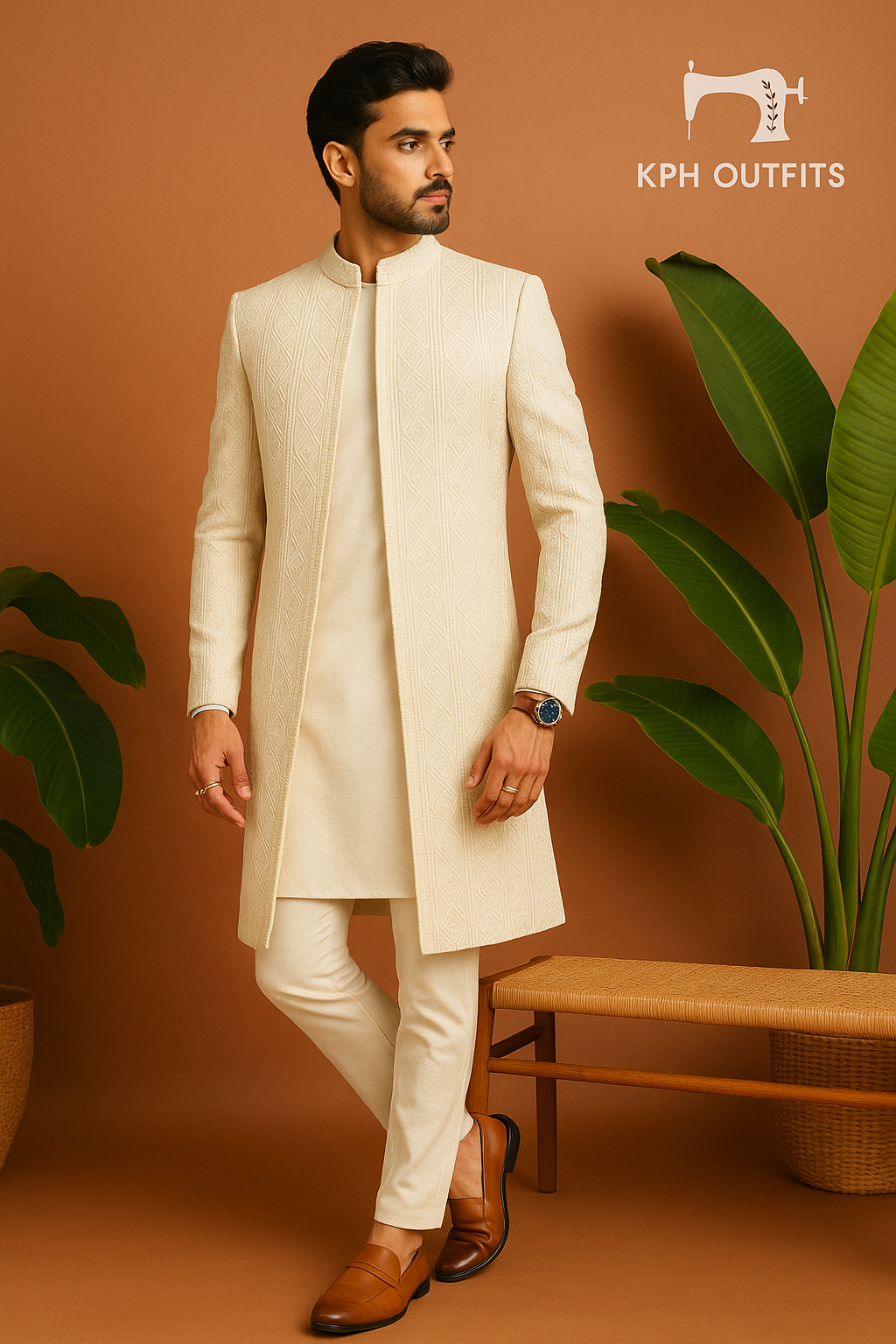 Men's Exclusive Ivory Luxury Dyeable Open Indo-Western Set - Customized Elegance by KPH Outfits