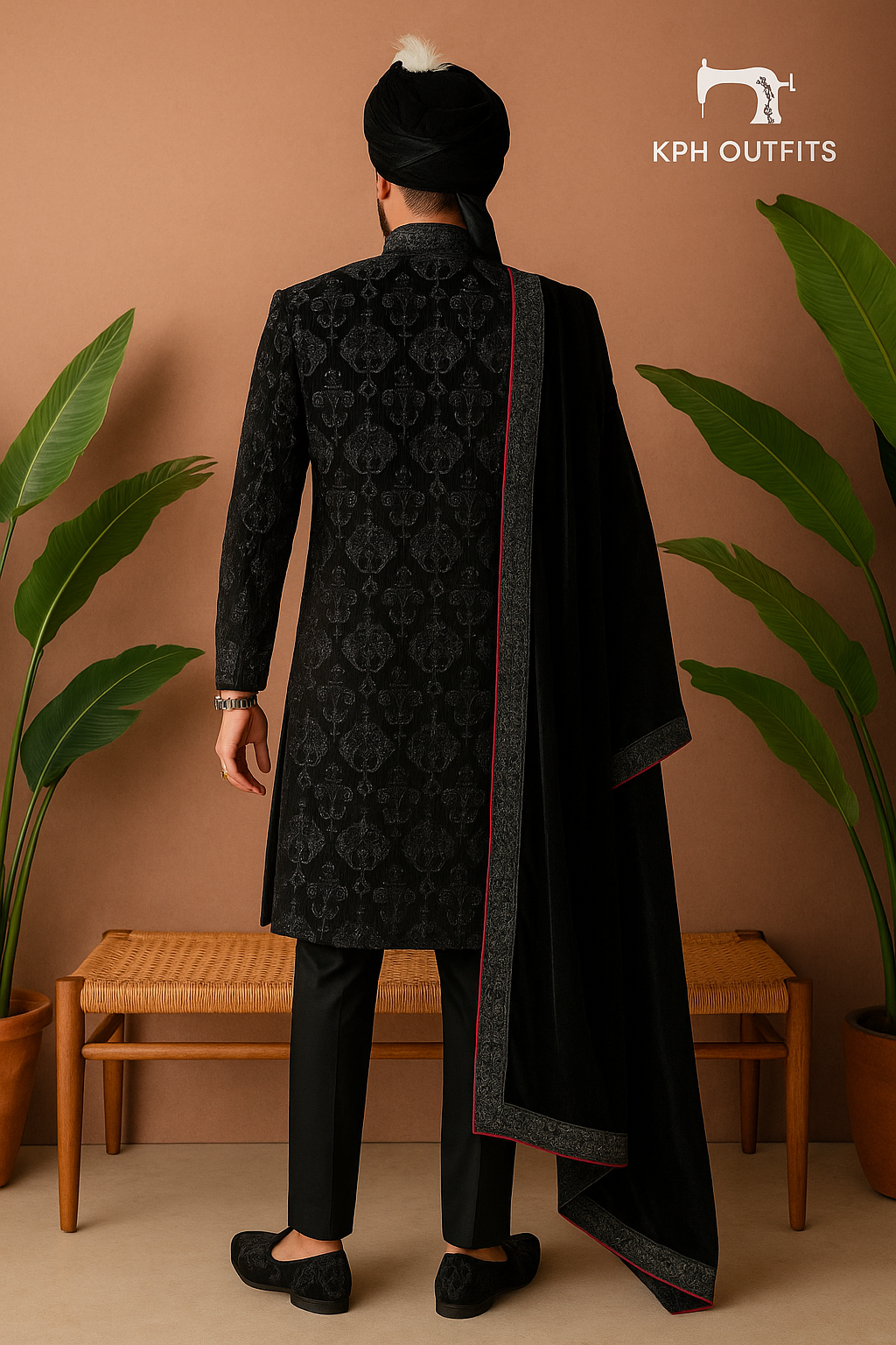Men's Black Velvet Handcrafted Sherwani Set – Premium Designer Outfit for Weddings – KPH Outfits