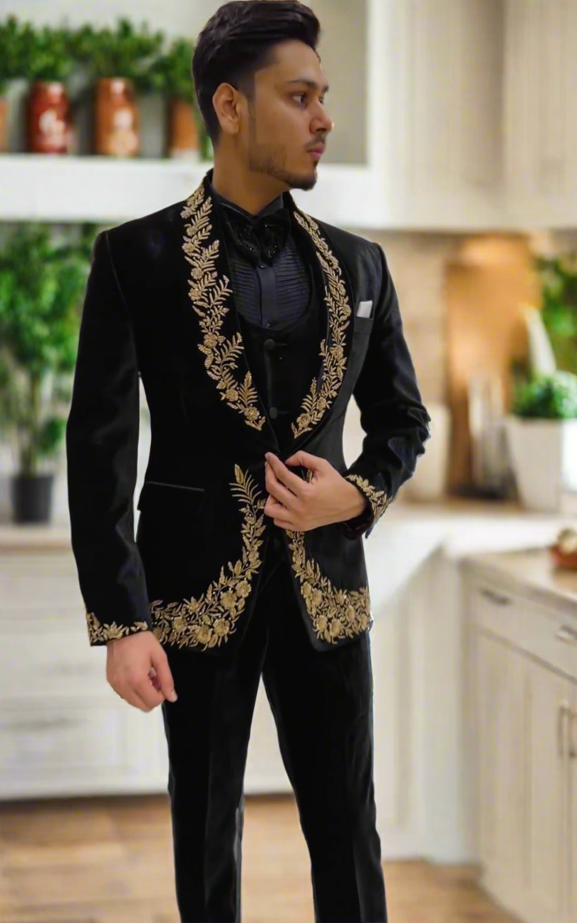 Men's Black Handcrafted Cut Work Shawl Lapel Tuxedo Suit – Luxury Designer Wear- KPH Outfits