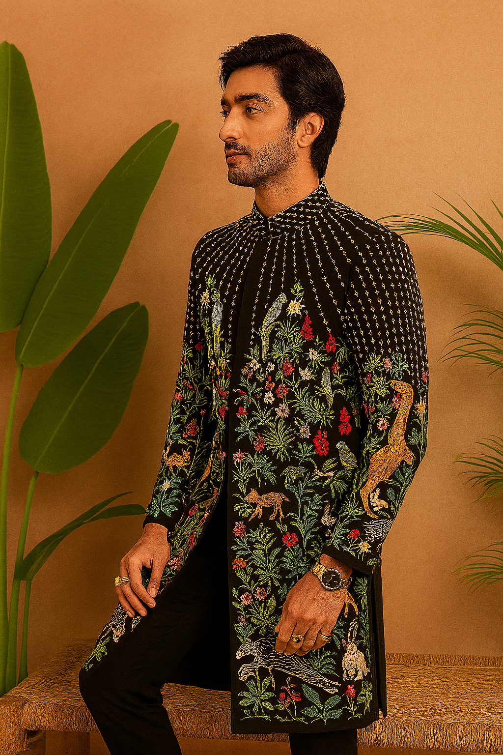 Elegant groom sherwani with vibrant threadwork on silk – KPH Outfits