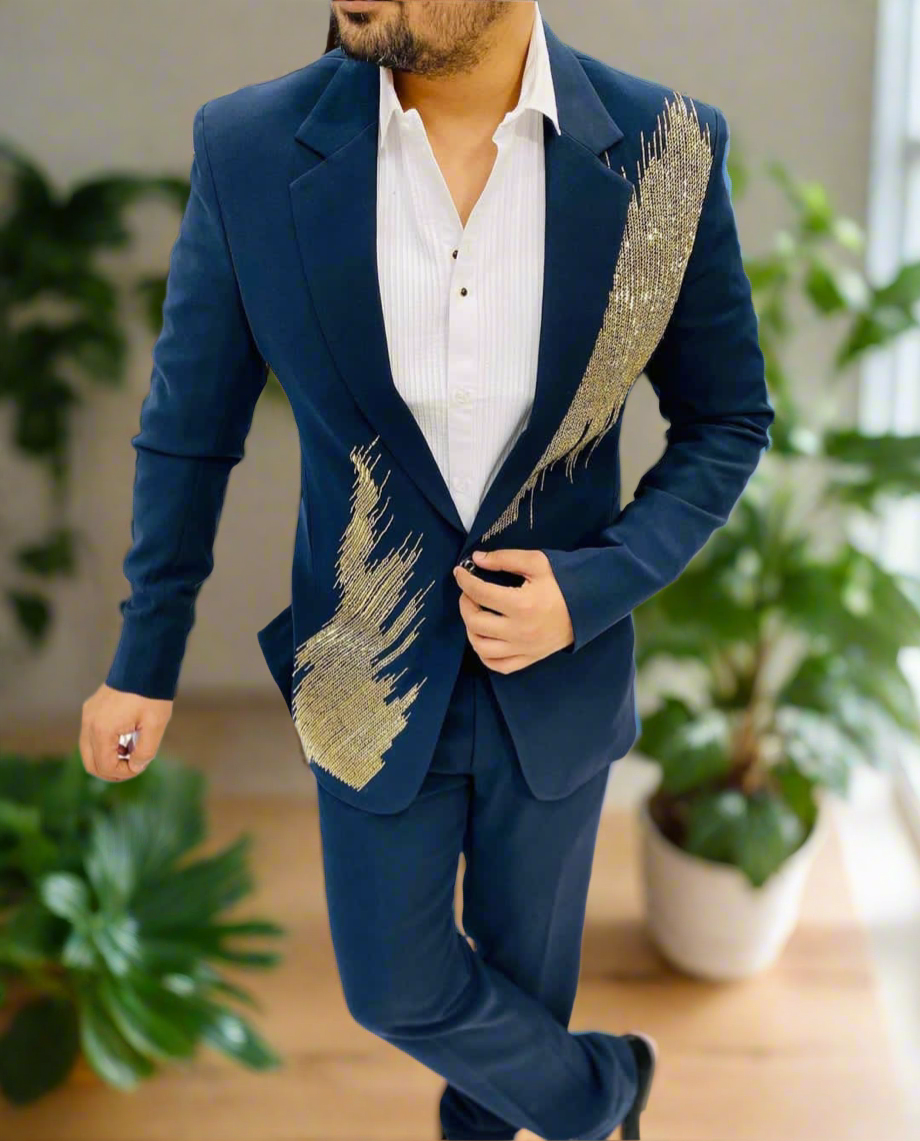 Handcrafted tuxedo with sleek teal blue fabric