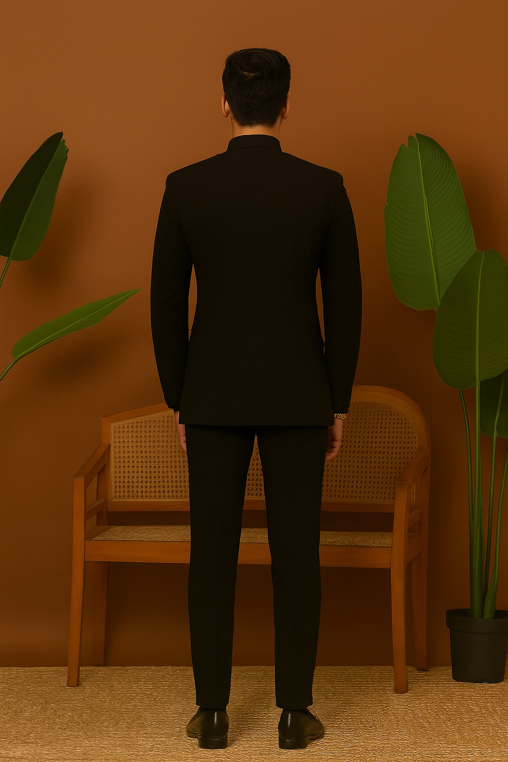 A close-up of the jacket's intricate gold cutdana embellishments.

