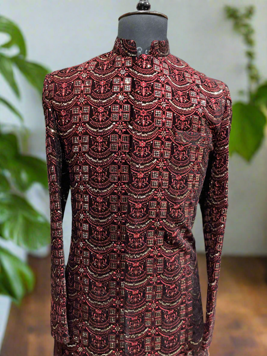 Men's Exclusive Maroon Velvet Indo-Western Sherwani Set- KPH Outfits