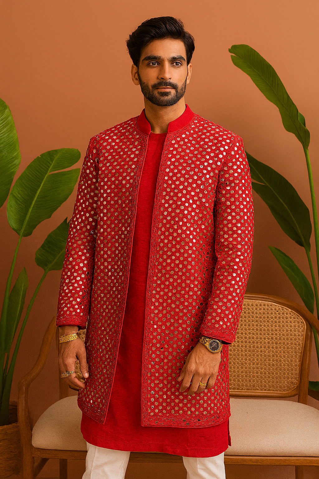 Groom’s red designer Indo Western with mirror embroidery – KPH Outfits