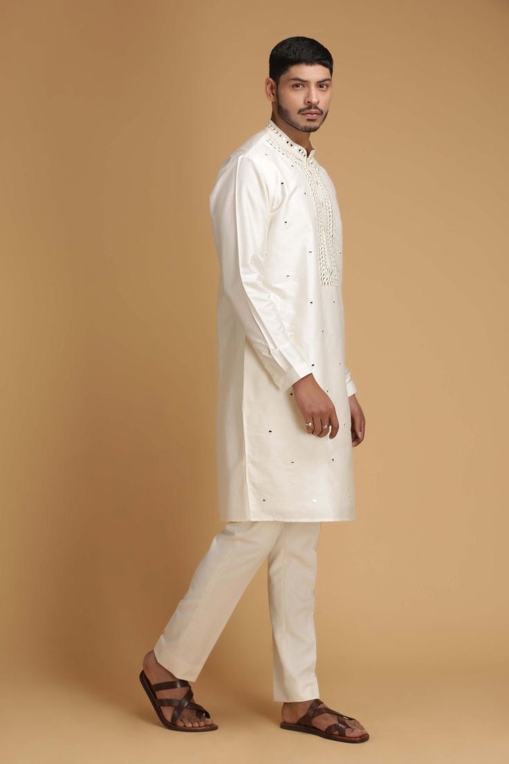 Men's Ivory Real Mirror Neck Design kurta  Set