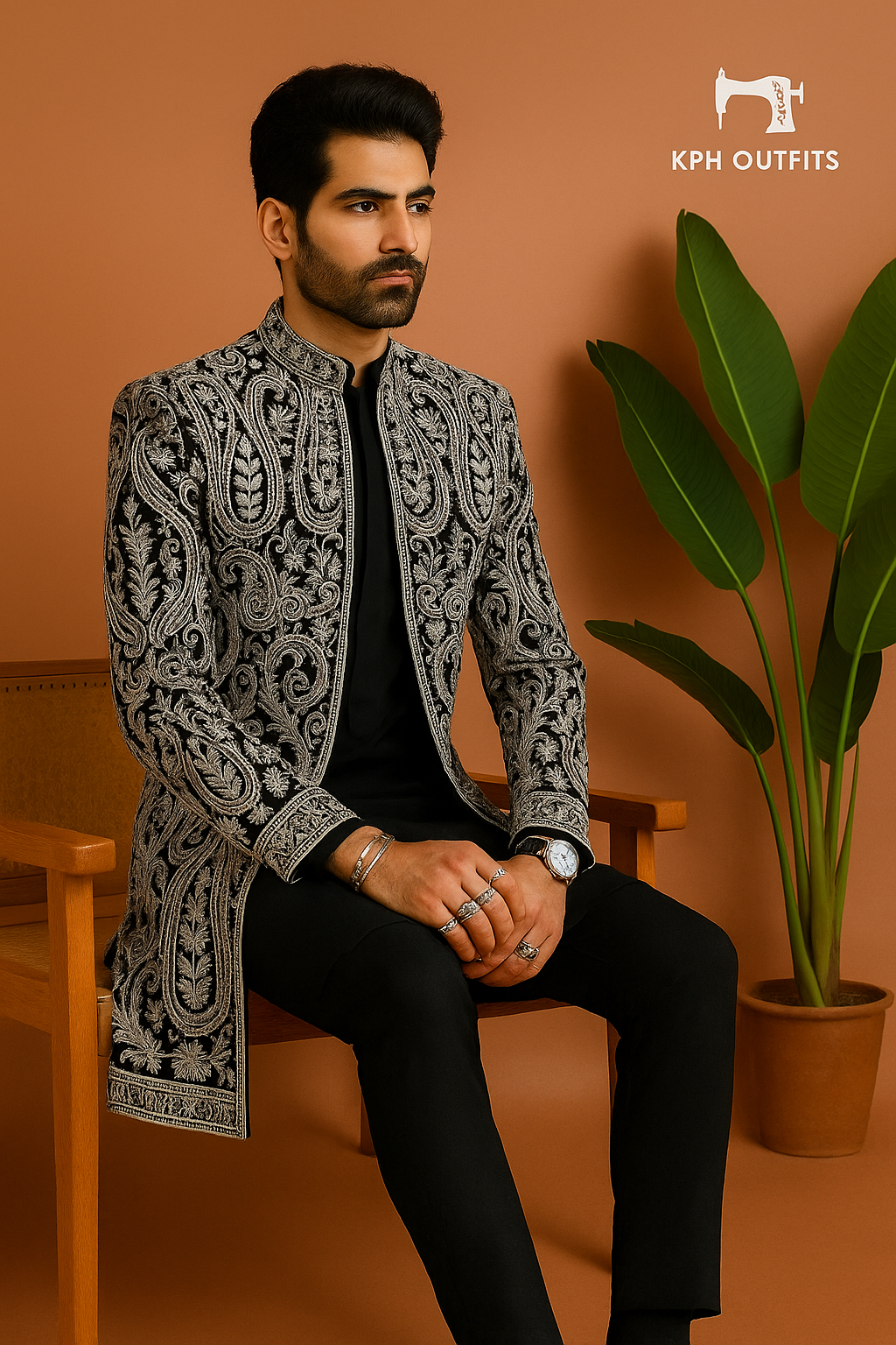 A man in a stylish black and white embellished Indo-Western set with an intricate patterned inside jacket. He is standing and posing confidently, with a plant in a pot visible behind him on the left.

