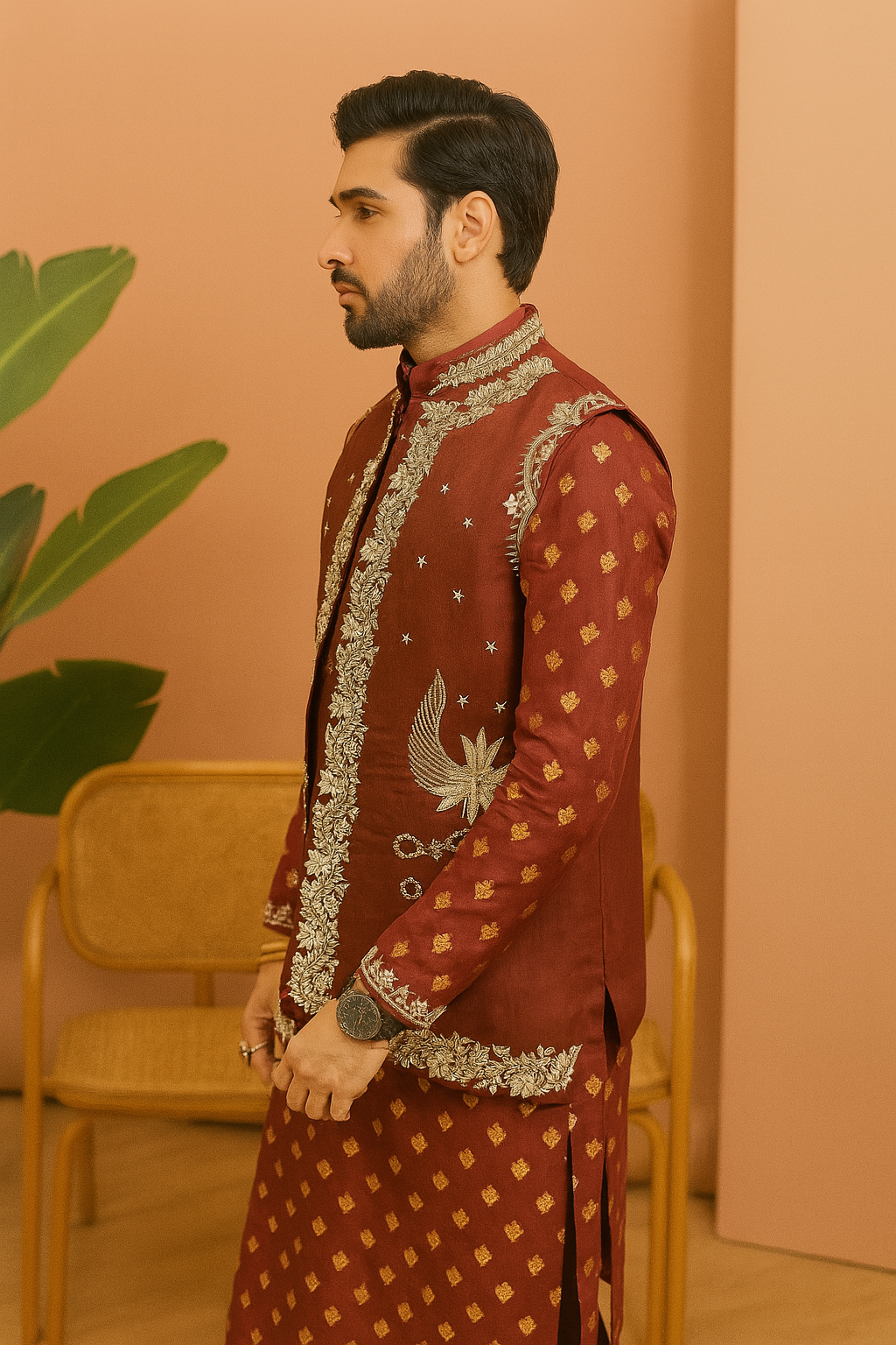 A full-body side view of the man in the wedding outfit, showcasing the complete look.