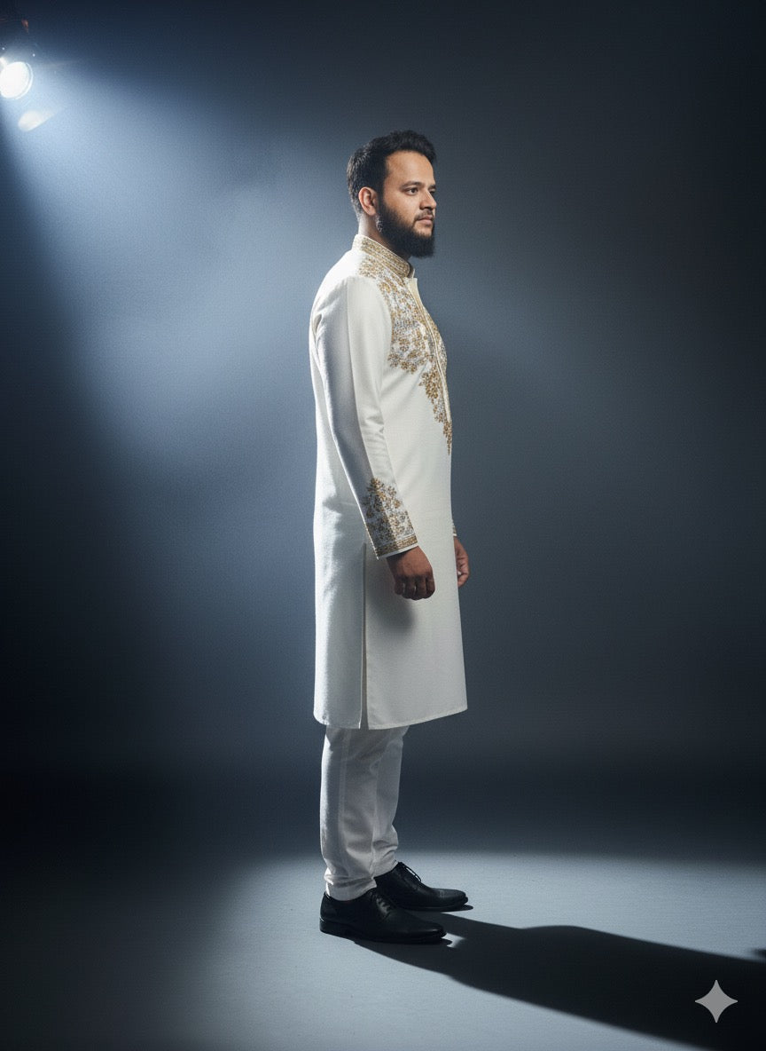Wedding and festive wear kurta pajama for men in white and gold