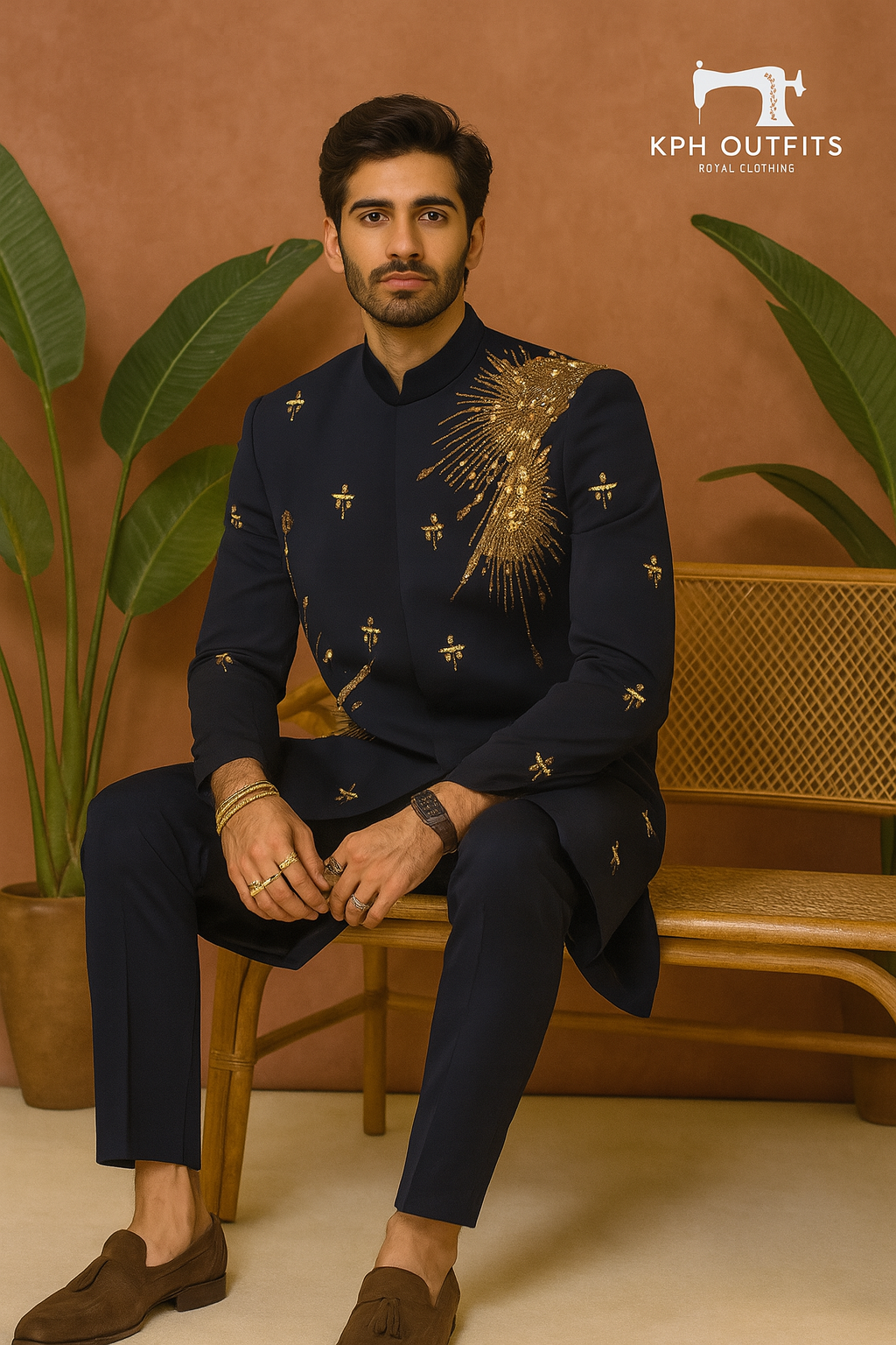 A photograph of a man in a stylish sherwani, highlighting the quality of the Japanese fabric and the unique handcrafting.


