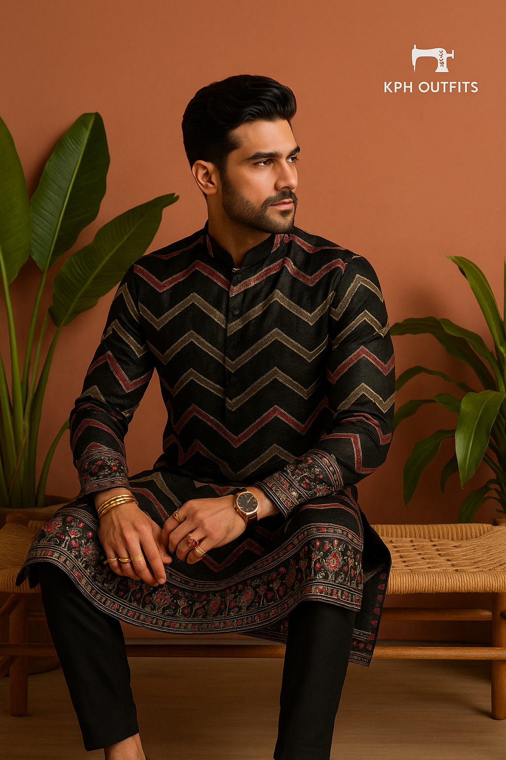 Men's Black Zigzag Pattern Style Kurta Set - KPH Outfits