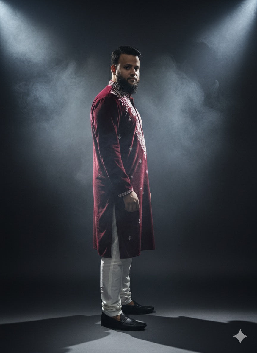 Maroon Velvet Kurta with Detailed White Embroidery - Kph Outfits