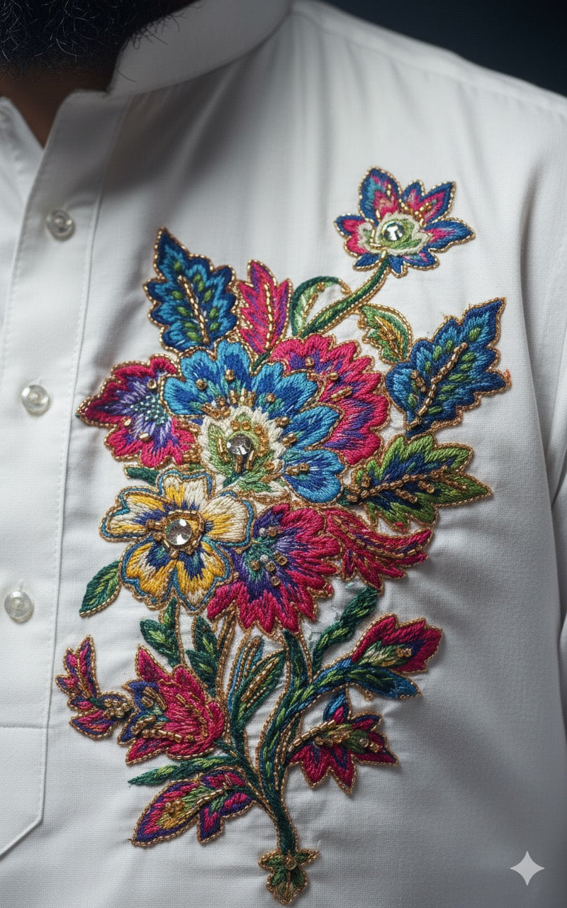 White Kurta Set with Floral Chest Embroidery - kph Outfits