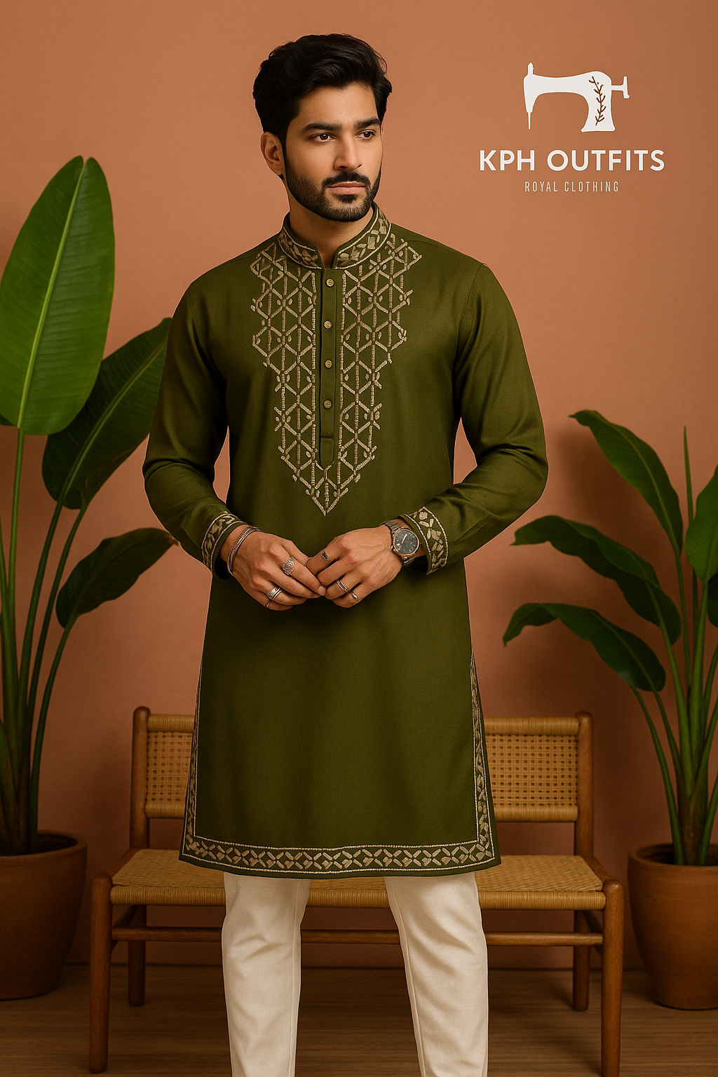 Men's Exclusive Mehndi Special Leather Embellished Kurta Set - KPH Outfits