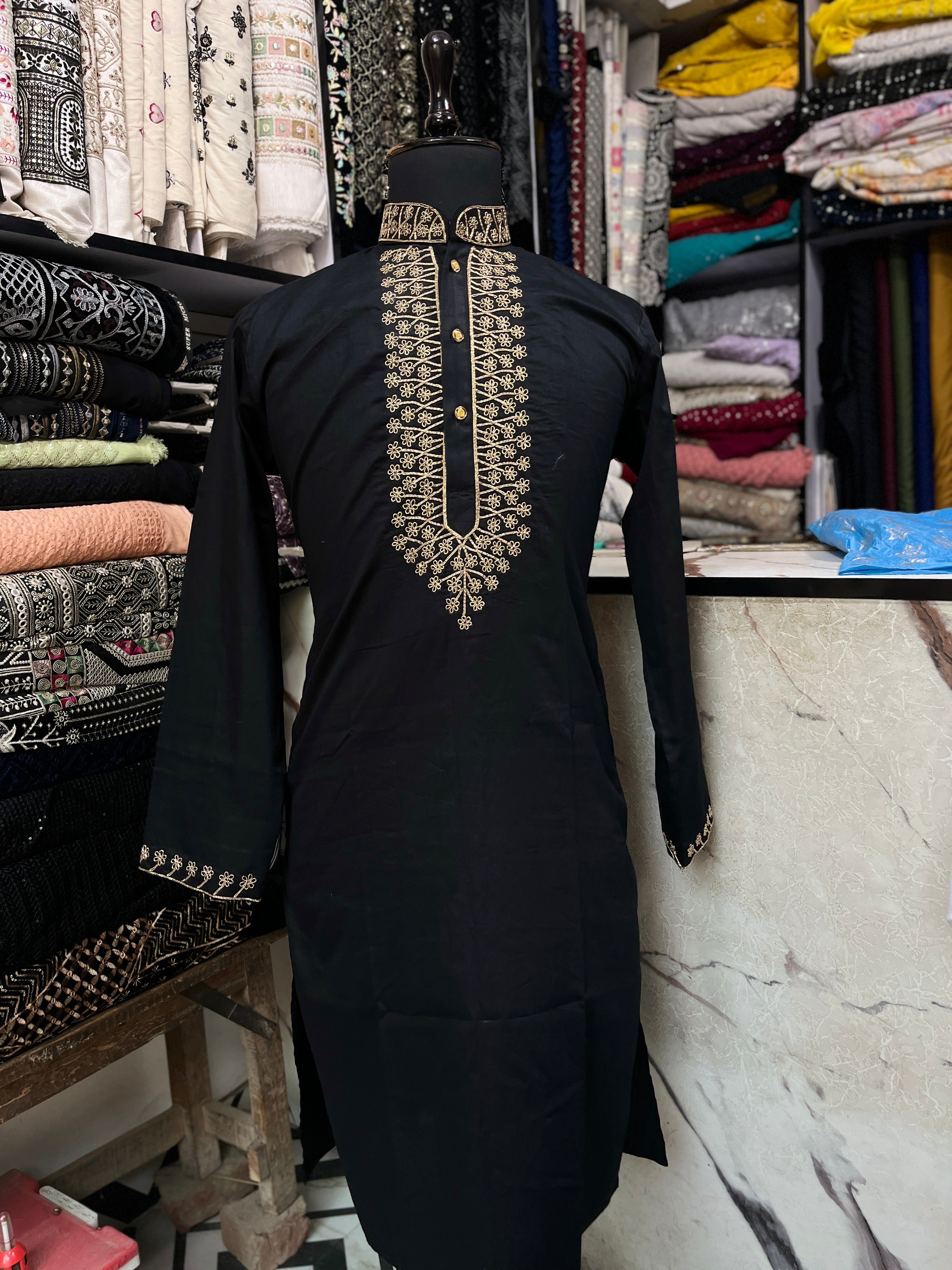 Men's Black Handcrafted Neck Design Kurta Set