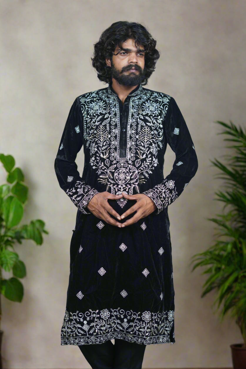 Men's black velvet kurta set with silver thread embroidery by KPH Outfits.
