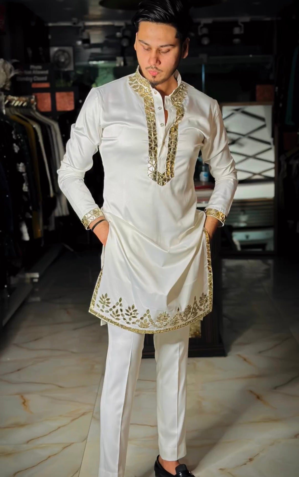 Men's Off White Leather Work Kurta Set