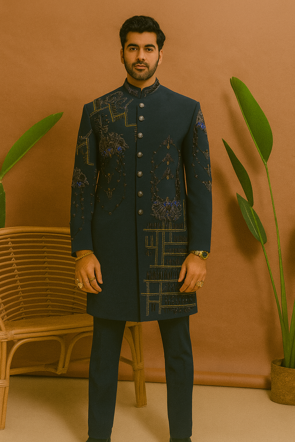 Peacock green formal ensemble with bespoke cut-work – KPH Outfits
