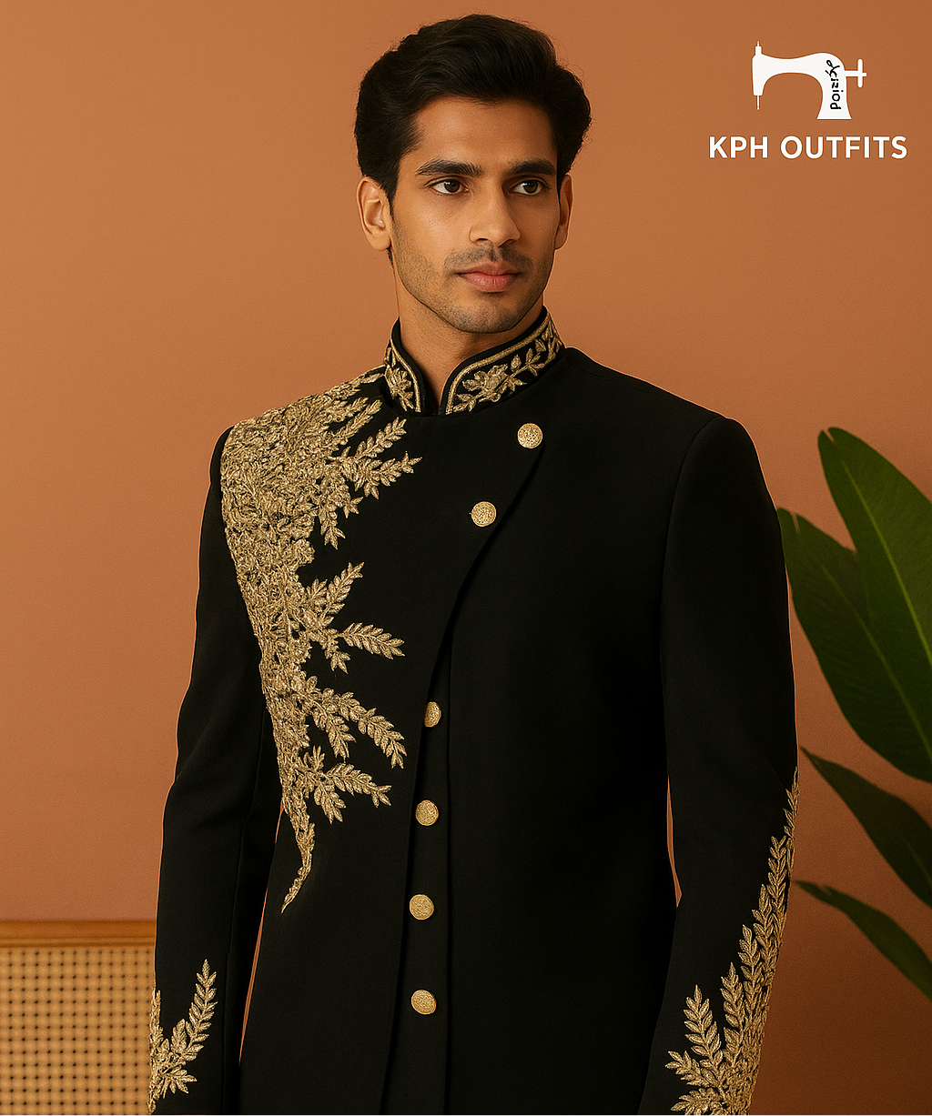 Black Sherwani with Golden Zardozi Embroidery - Kph Outfits