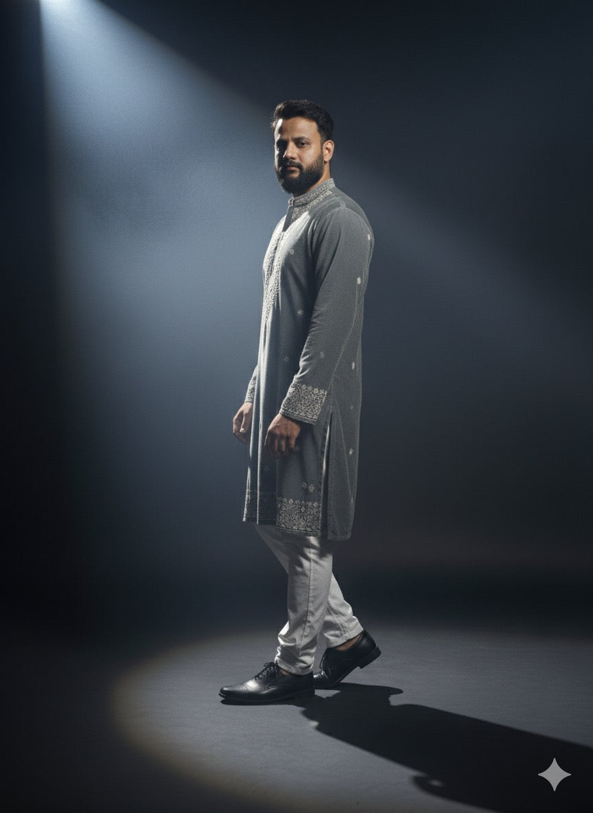 Handcrafted gray velvet kurta set for men by KPH Outfits