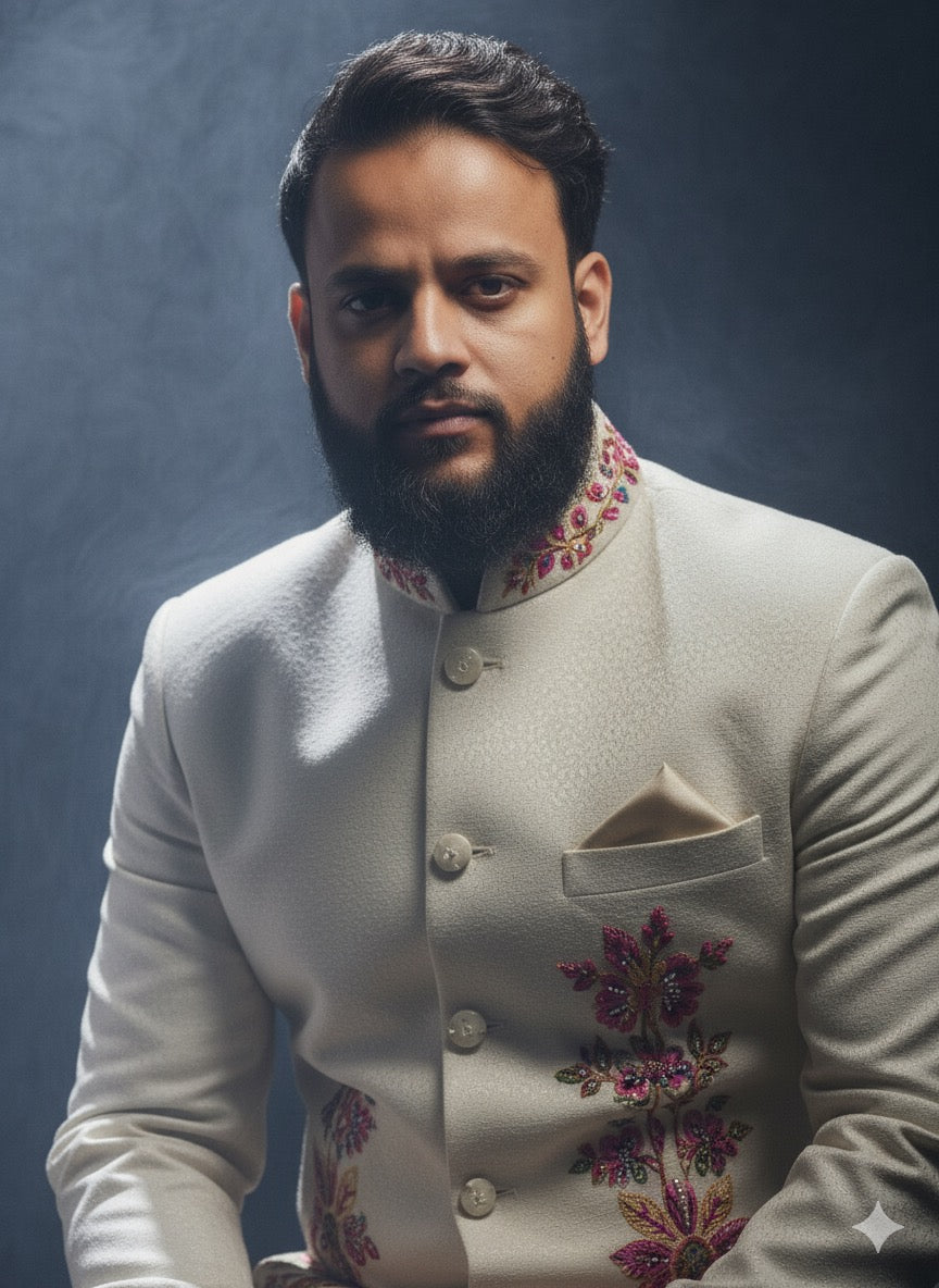 Handcrafted ivory suit for Sangeet and formal festive events