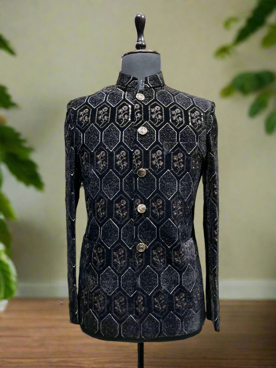 Black Jodhpuri set with subtle embroidery by KPH Outfits
