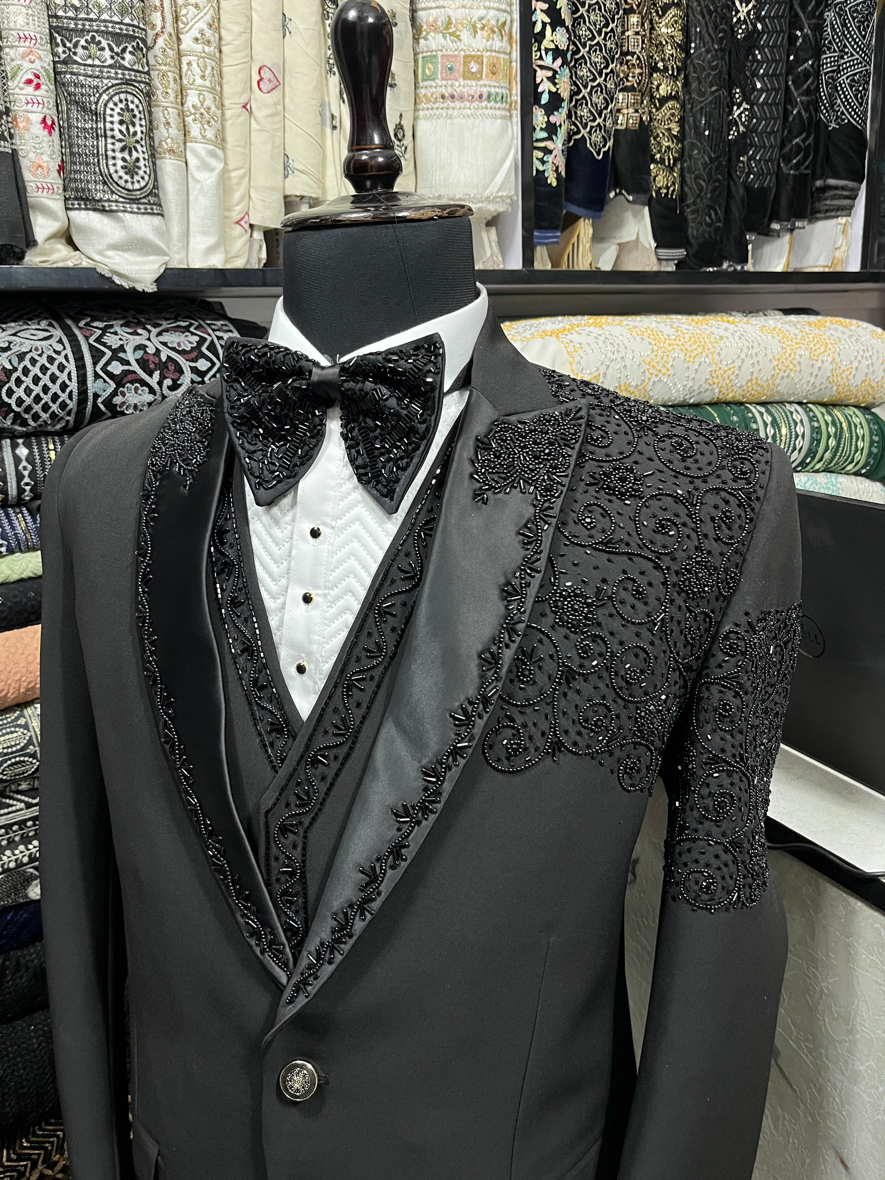 Men's Black Handcrafted Beads Work Tuxedo Suit