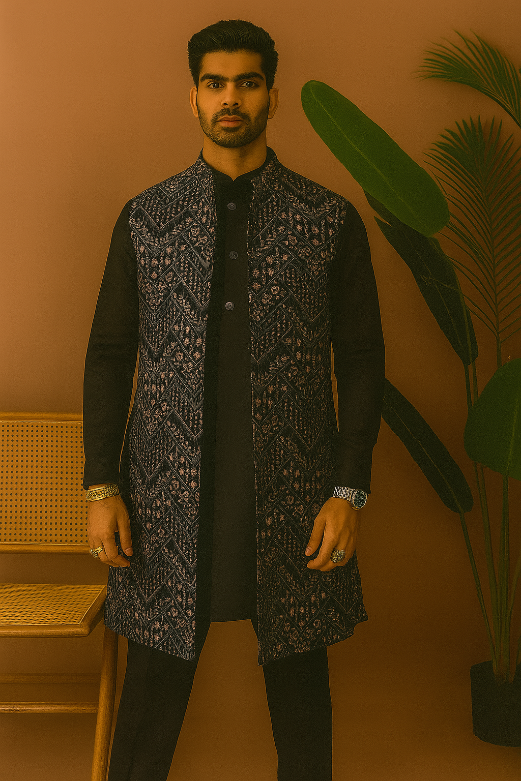 Men's Exclusive Black Velvet Sleeveless Jacket Set