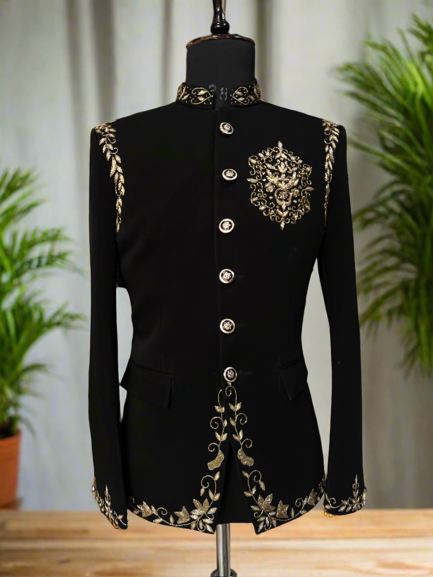 Close-up of the handcrafted cut-work Bandhgala jacket
