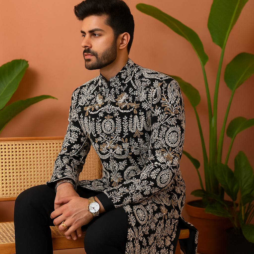 Siddharth Malhotra Inspired Stylish Black Achkan Set Classy Elegance by KPH Outfits