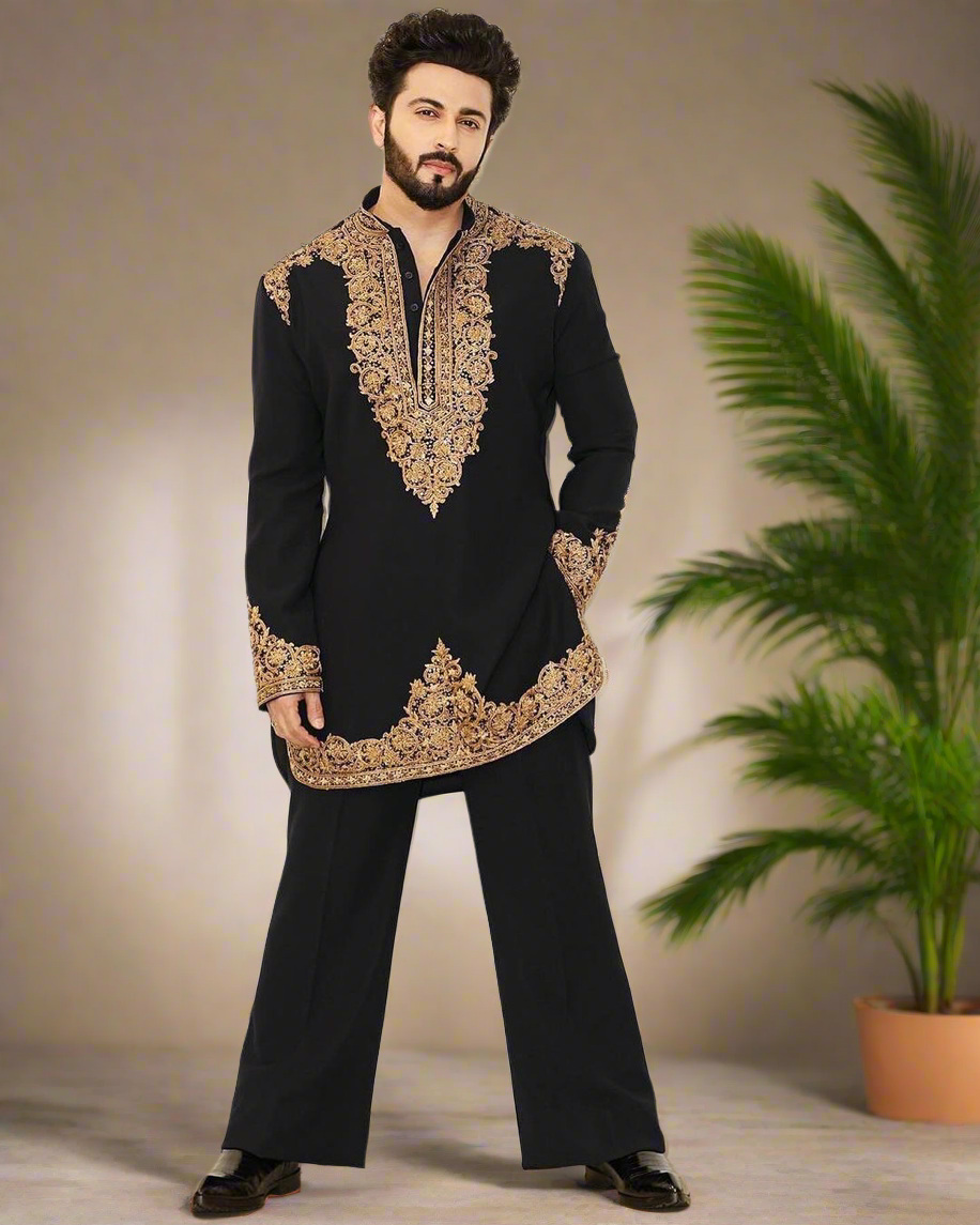 Men's Black Kurta Set with Handcrafted Zardozi Embroidery – KPH