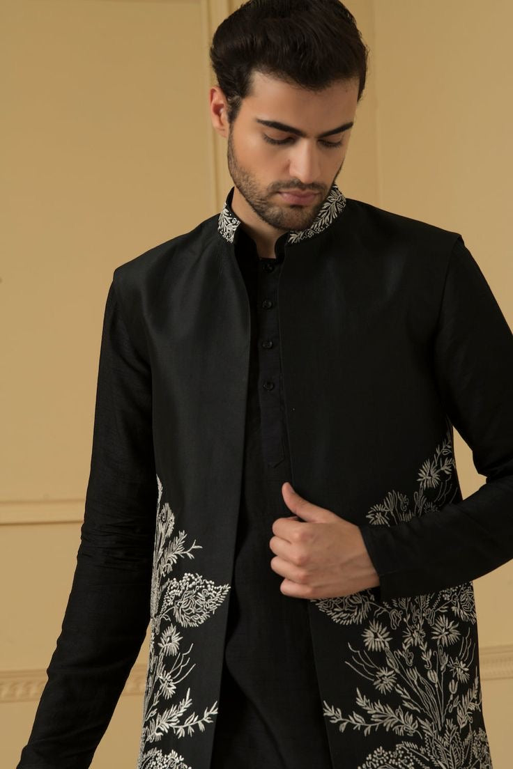 Men's Black Thread Embroidery long Jacket Set