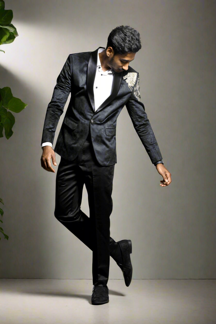 Men's Black Handcrafted Zardozi Work Shawl Lapel Tuxedo Suit by KPH Outfits