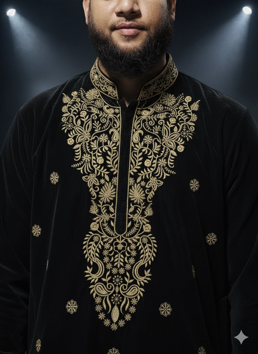 Opulent black designer kurta for winter weddings and evening parties