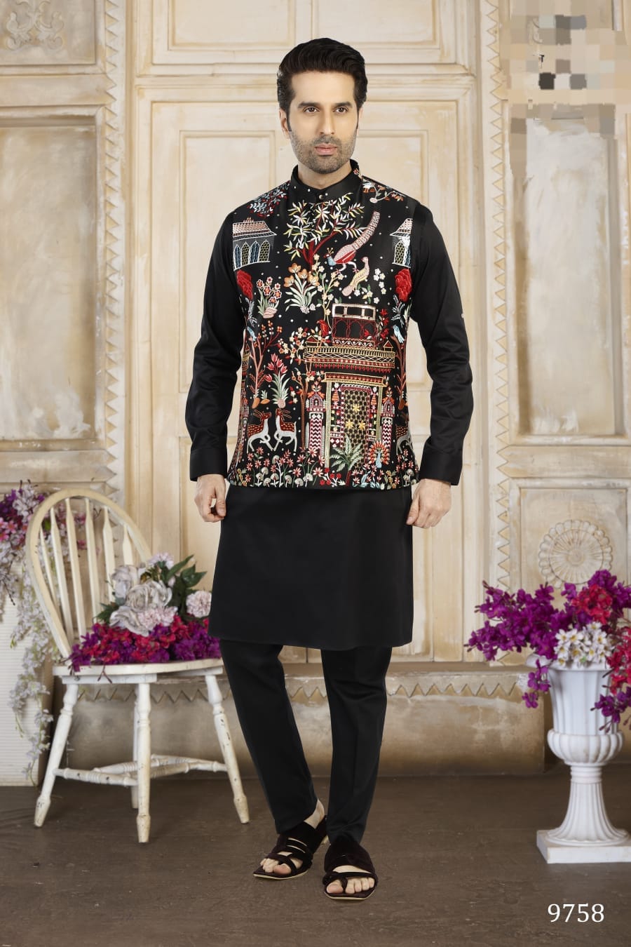 Men's Black and White Multi Colour Thread Embroidery Nehru Jacket Set