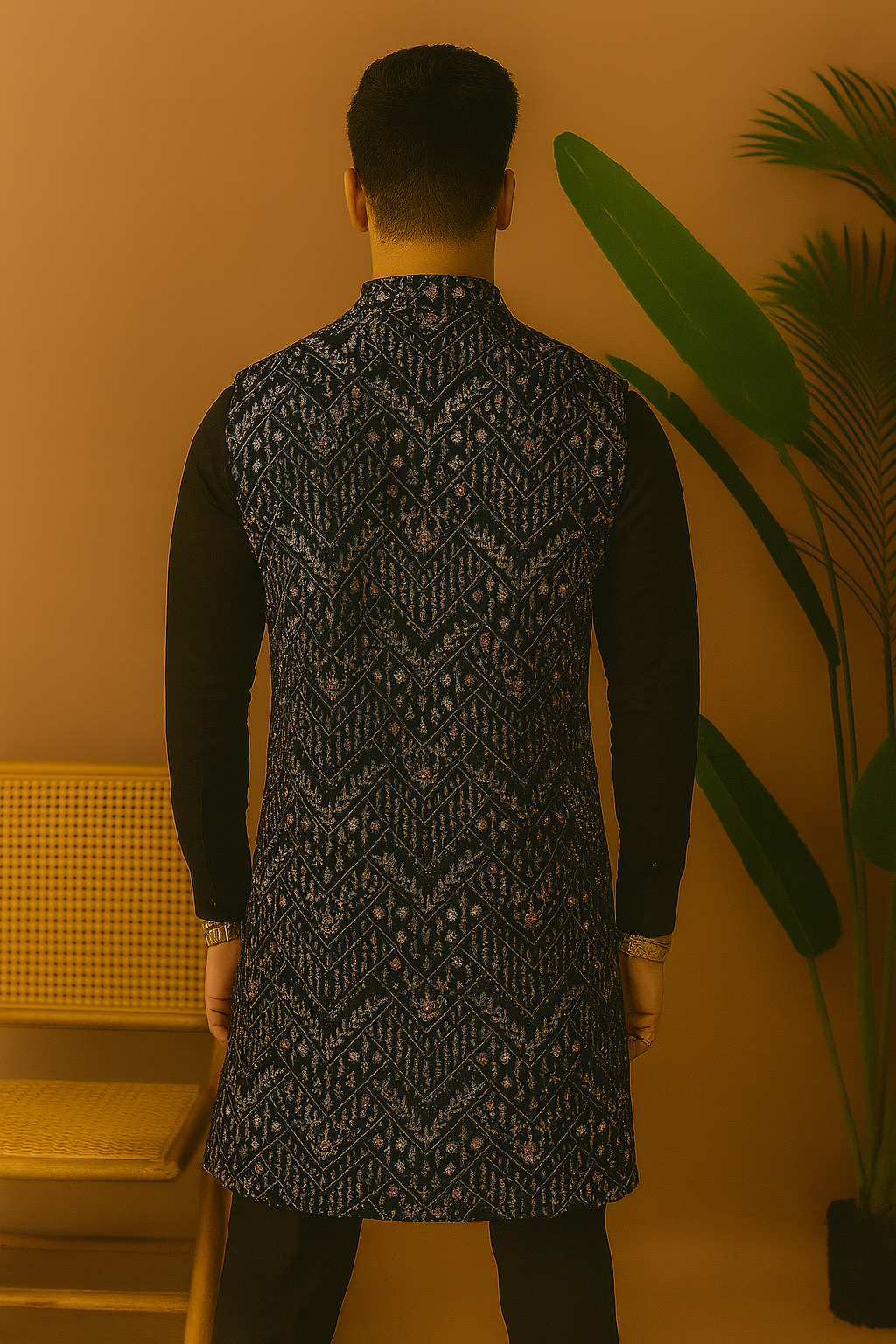 Men's Exclusive Black Velvet Sleeveless Jacket Set