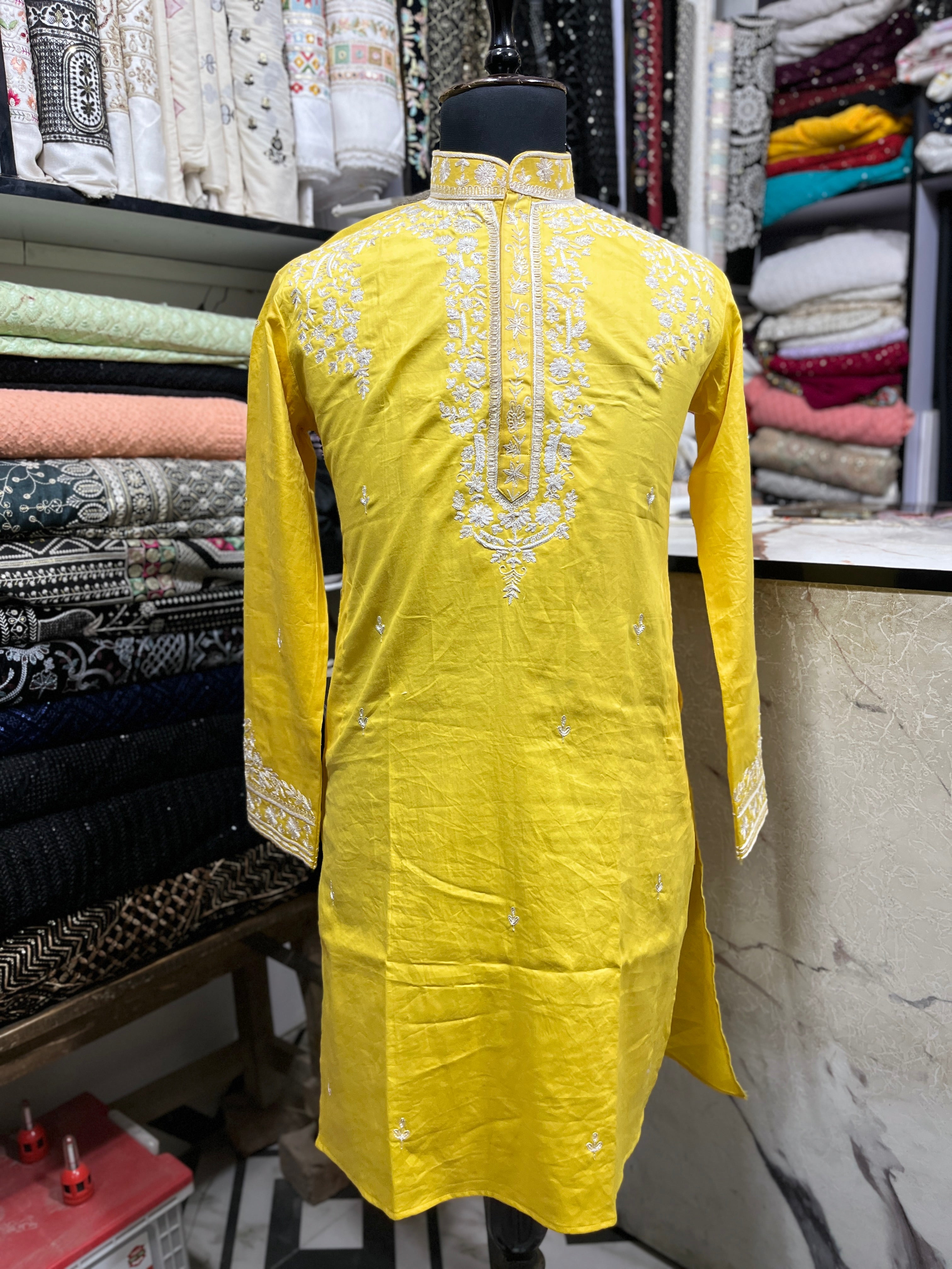 Men's Haldi Thread Embroidery Yellow Kurta Set