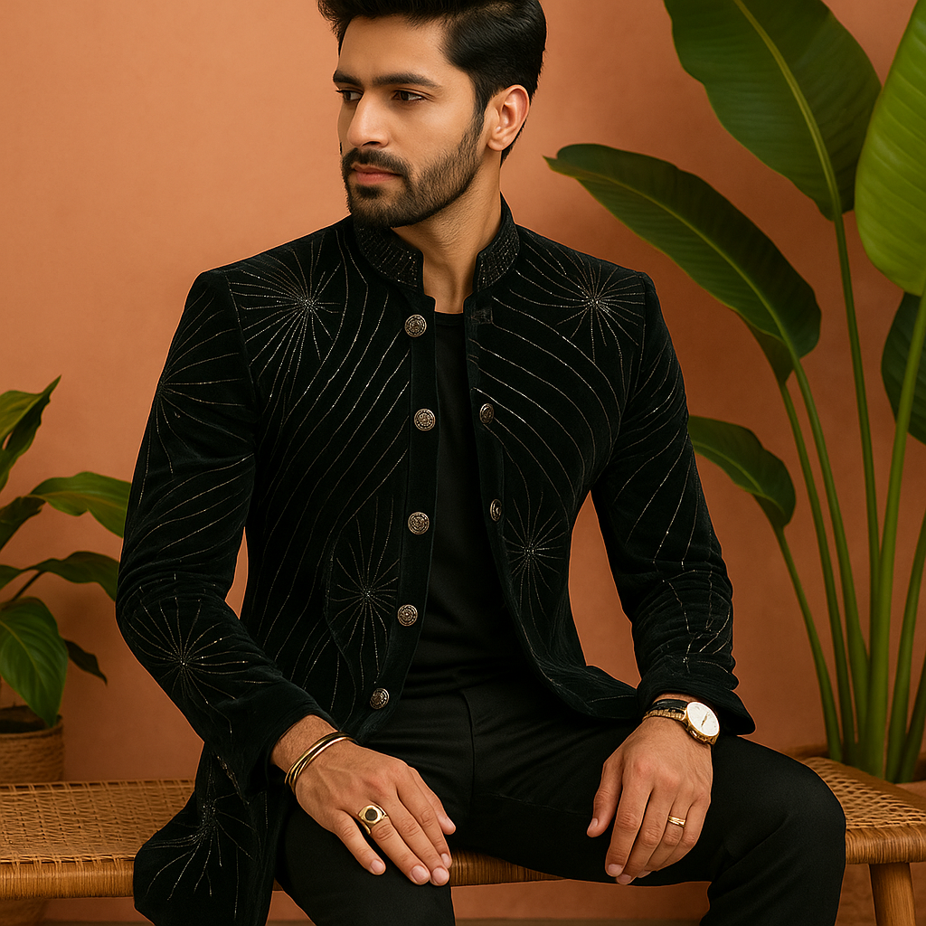 Men's Black Handcrafted Cut Dana Work Open Indo-Western Set by KPH Outfits