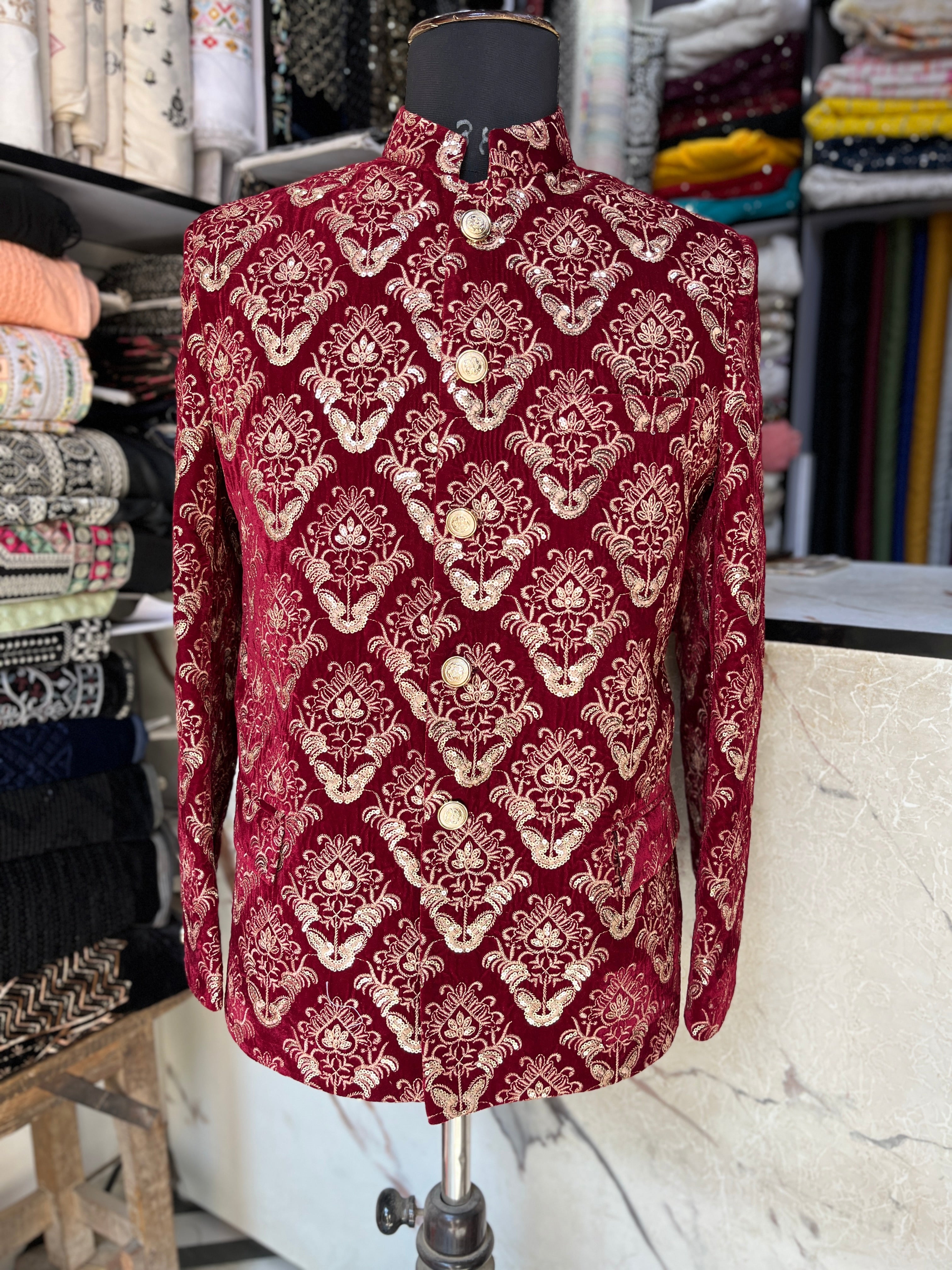 Men's Red Velvet Embroidery Jodhpuri Set