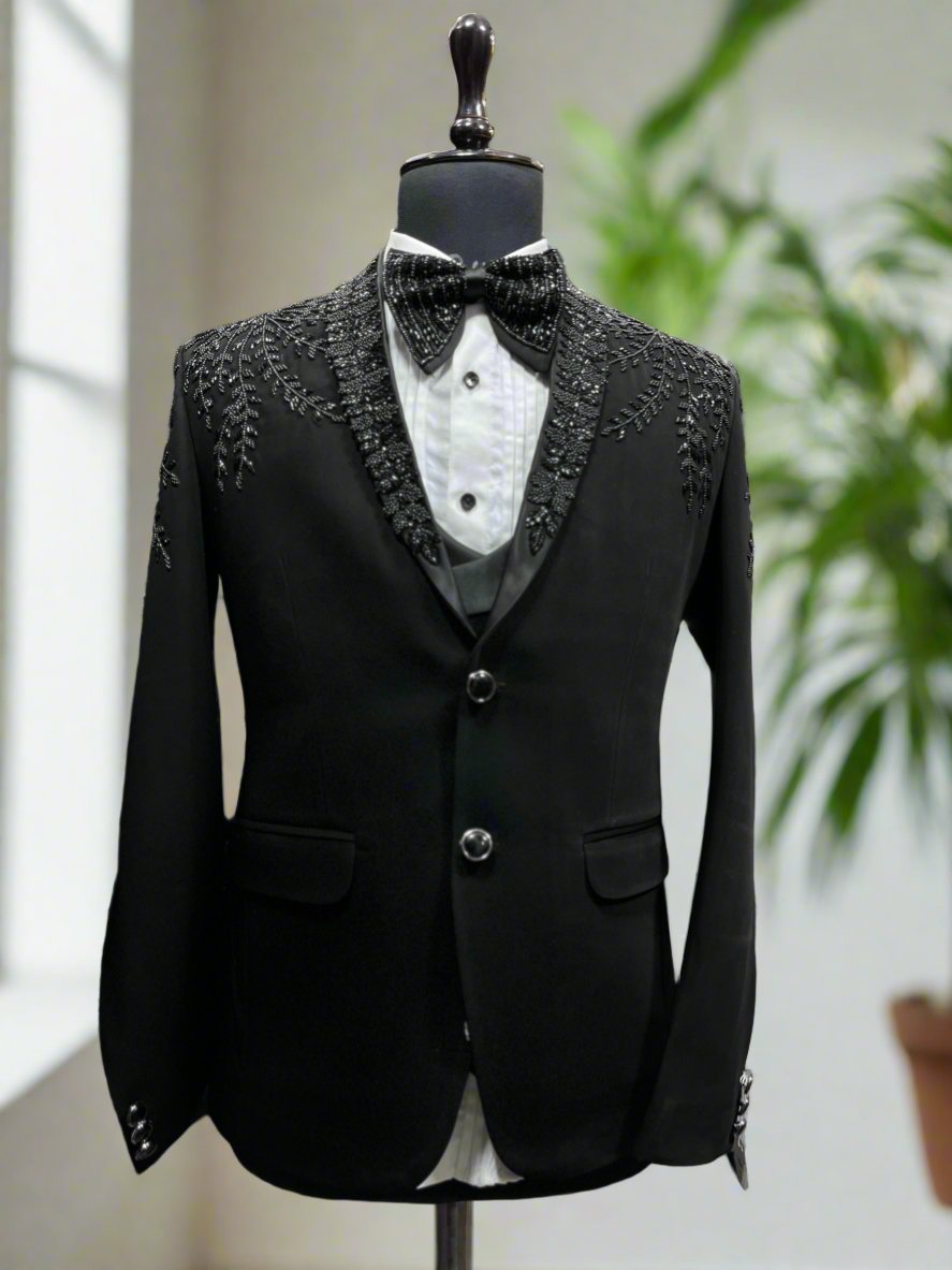 Handcrafted black shawl lapel tuxedo suit for men with cut dana work"