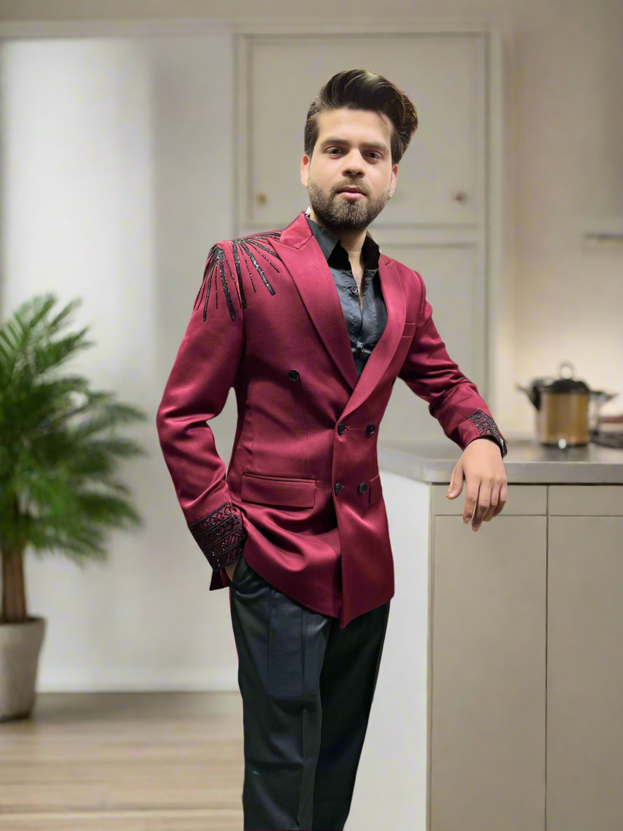 Men's Maroon Handcrafted Double Breast Tuxedo Suit