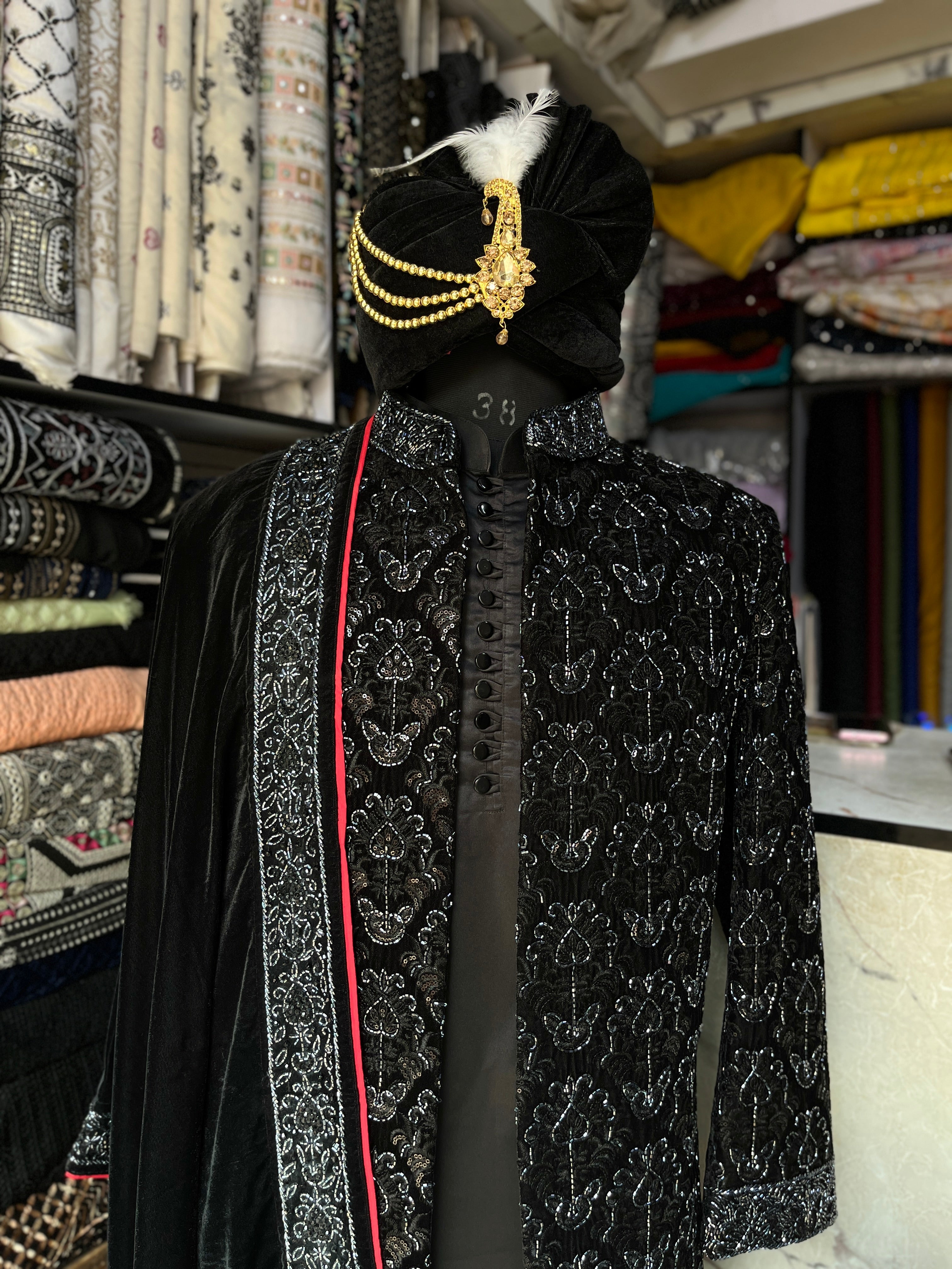 Men's Black Velvet Handcrafted Sherwani Set