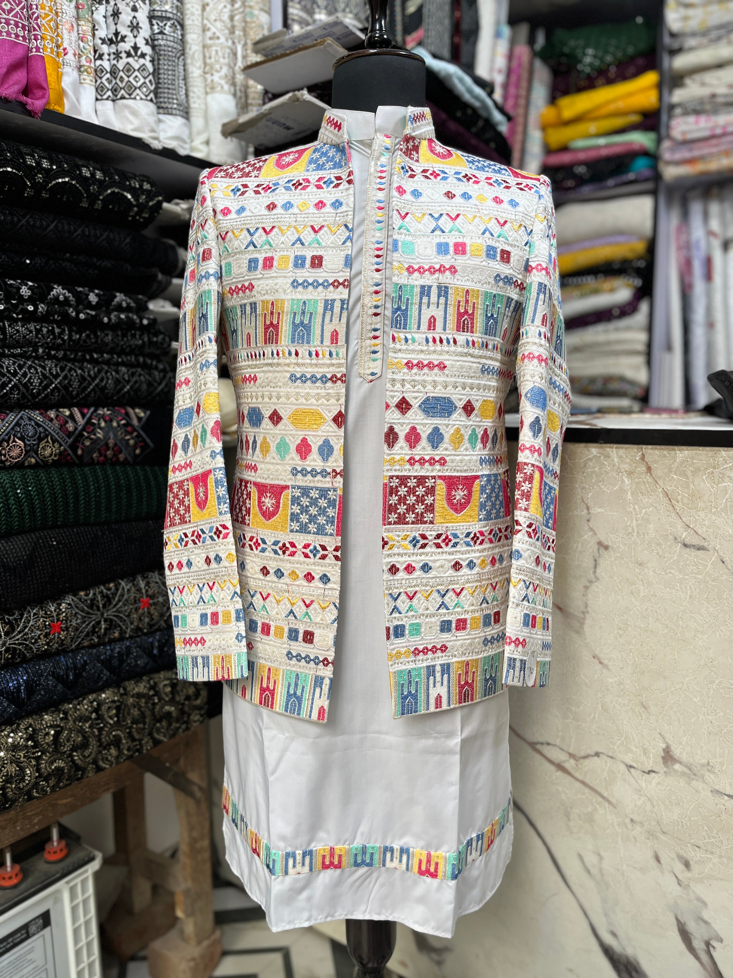 Men's white  Designer Multi Colour Embroidery Designer Jodhpuri Set