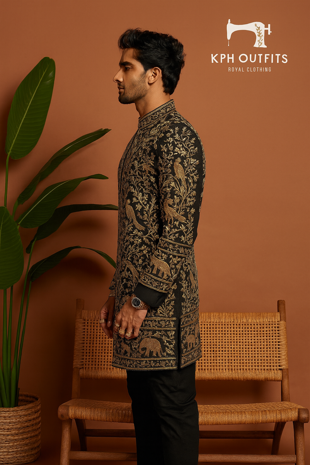 Ranveer Singh Inspired Stylish Golden Work Sherwani Set – Black Wool 2-Piece Ensemble – KPH Outfits