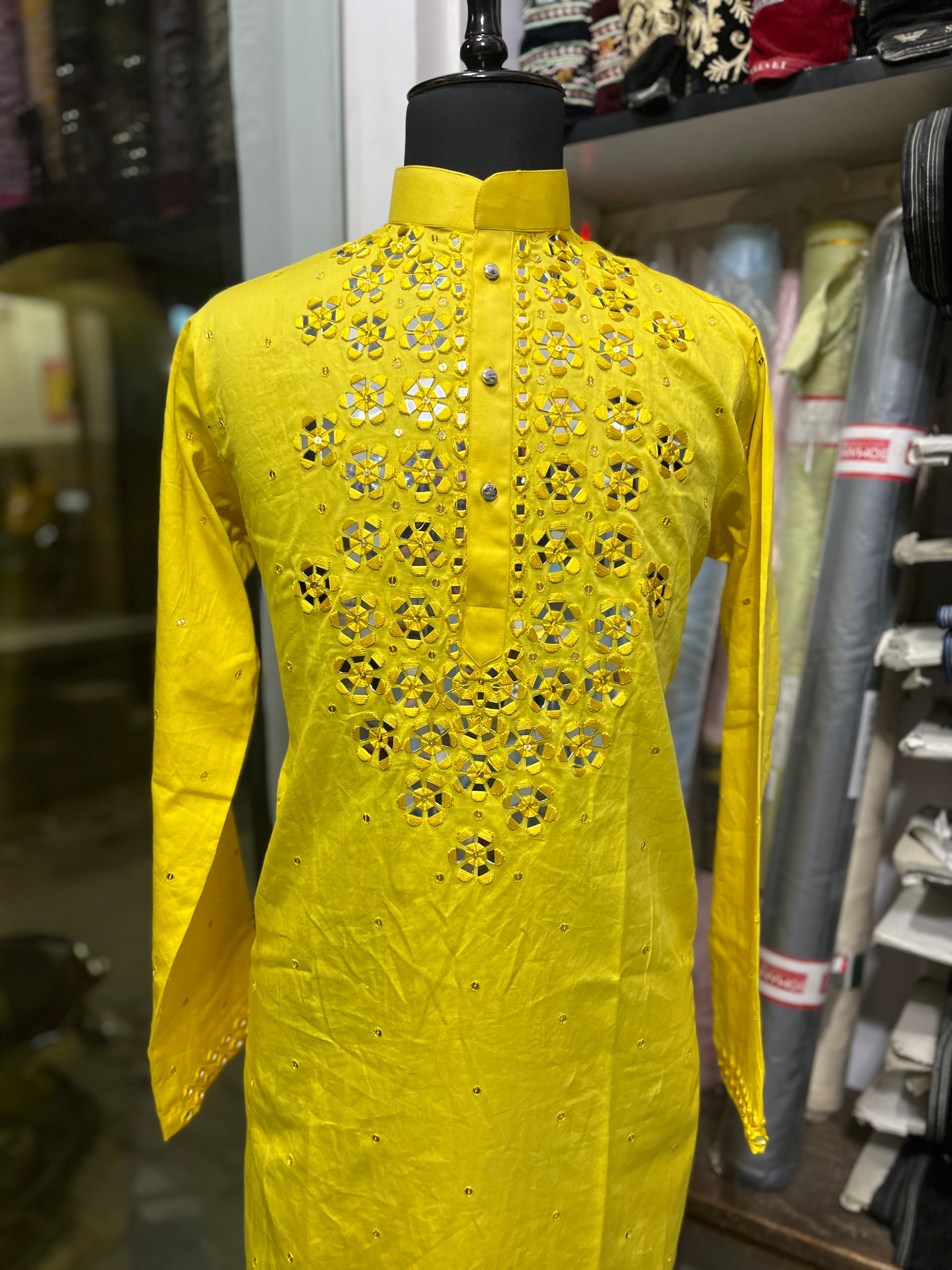 Men's Yellow Handcrafted Haldi Ceremony Mirror Kurta Set