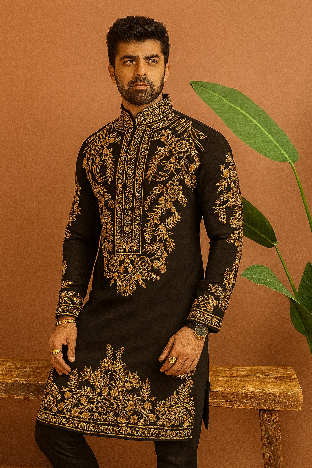 A photograph of a man in a stylish kurta, emphasizing the quality of the Japanese fabric and the unique design.

