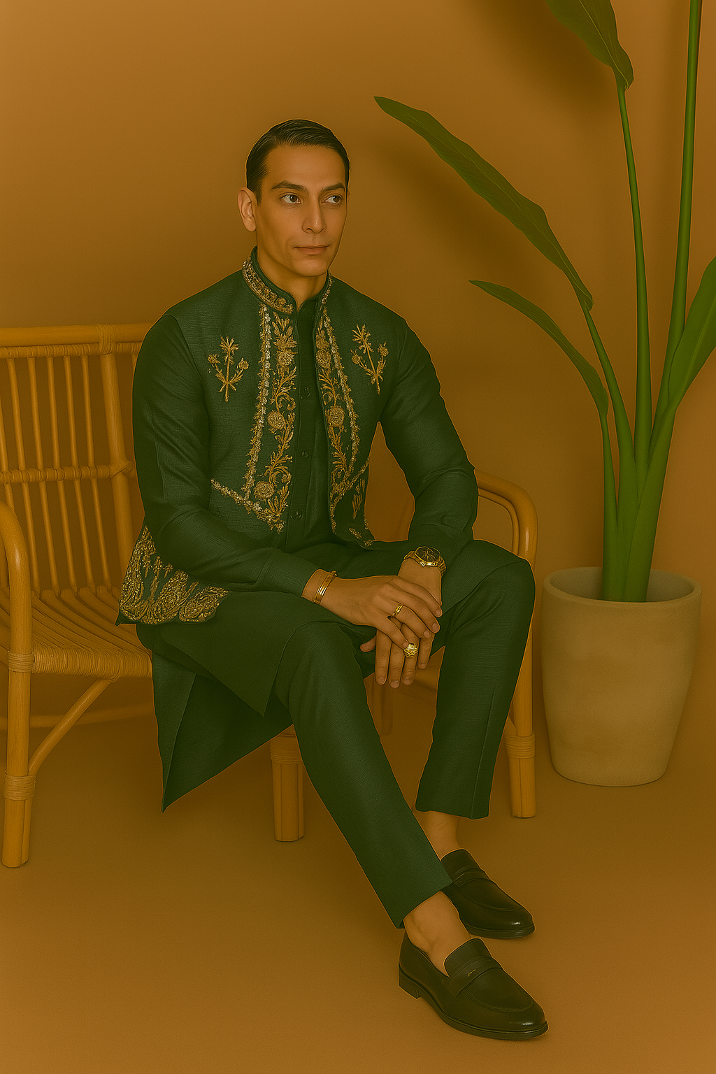 Pakistani Style Green Zardosi Embellished Silk Nehru Jacket Set