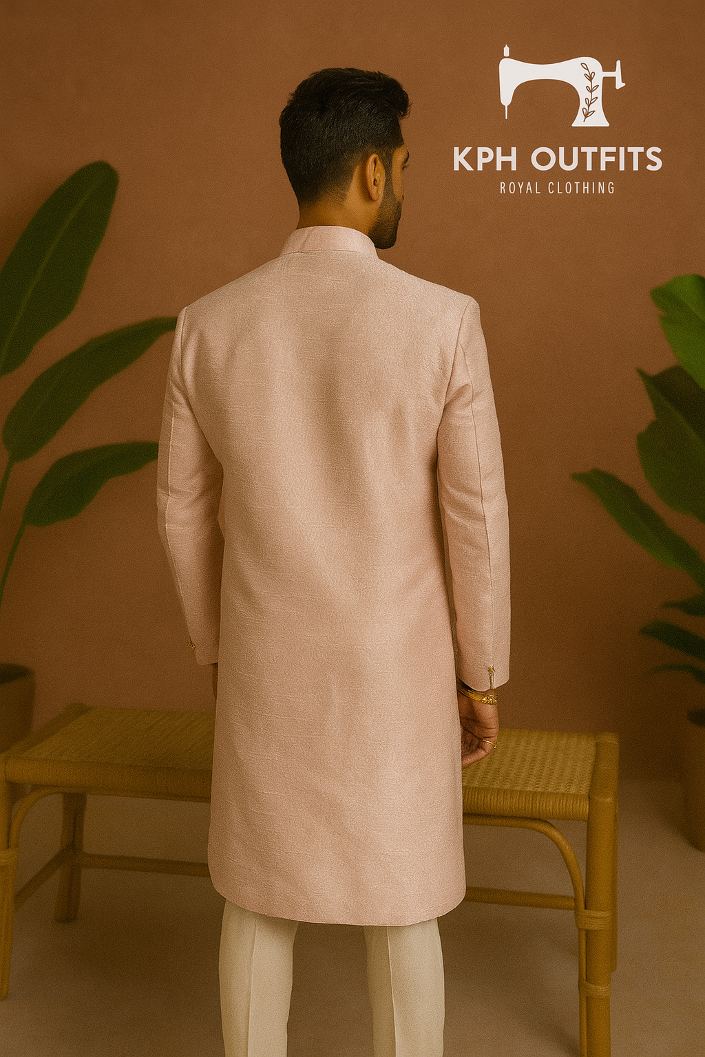 Men's Peach Handcrafted Cut Work Embellished Sherwani Set – Elegant Traditional Wear by KPH Outfits